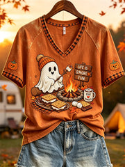 Frauen Leben ist S'more Spaß Halloween Ghost Fall Camping Print Kurzarm T-Shirt