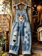Damenhose mit Tiermotiv und Hundezipper, kunstvoll bedruckt, trägerlos