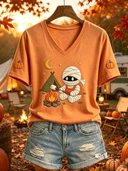 Damen-Camping-T-Shirt mit niedlichem Mumien-Print und kurzen Ärmeln