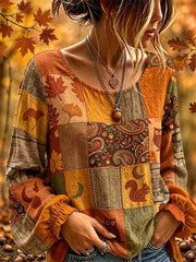 Damen-Weinlese-Herbst-Patchwork-Print-Shirt aus Baumwolle-Leinen
