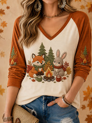 Damen-Herbst-Liebevolles Freizeit-T-Shirt mit niedlichem Fuchs- und Hasen-Print und langen Ärmeln