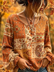 Damen-Weinlese-Herbst-Shirt aus Baumwolle-Leinen im ethnischen Patchwork-Print
