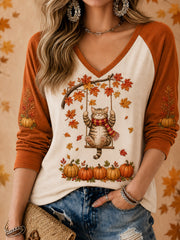 Damen-Lässiges Herbst-T-Shirt mit niedlichem Katzen-Print und langen Ärmeln