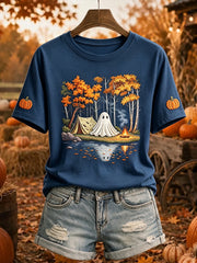 Frauen-Halloween-Geist-Camping-Print-T-Shirt mit kurzen Ärmeln