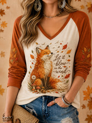 Damen-Herbst-T-Shirt mit Fox-Print, lässig, langärmlig, „Let It Blow In The Wind“-Schriftzug