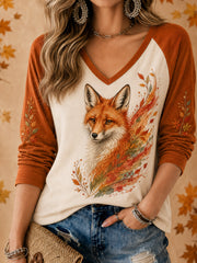Damen-Herbst-T-Shirt mit Fuchsdruck, lässig, langärmlig
