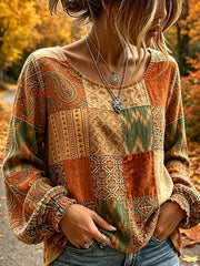 Damen-Weinlese-Herbst-Shirt aus Baumwolle-Leinen im ethnischen Patchwork-Print