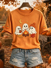 Damen-T-Shirt mit niedlichem Geister- und Lagerfeuer-Print, kurzärmelig