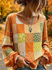 Damen-Herbsthemd aus Baumwolle-Leinen mit floralem Patchwork-Print