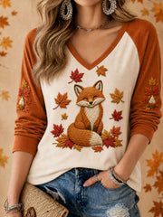 Damen-Hello Herbst Niedliches Freizeit-T-Shirt mit Fuchsdruck und langen Ärmeln