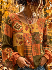 Damen-Weinlese-Herbst-Shirt aus Baumwolle-Leinen im ethnischen Patchwork-Print