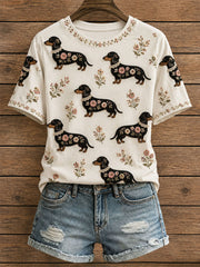 Damen-T-Shirt mit Blumenmuster und Dackelmotiv