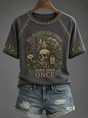 Damen‑T-Shirt mit Aufdruck „Alle Pflanzen sind essbar, manche nur einmal“ im Casual‑Stil