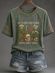 Damen‑T-Shirt mit Aufdruck „Alle Pflanzen sind essbar, manche nur einmal“ im Casual‑Stil