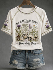 Damen‑T-Shirt mit Aufdruck „Alle Pflanzen sind essbar, manche nur einmal“ im Casual‑Stil