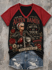 Damen-Vintage-Raglan-T-Shirt mit Slogan-Print, V-Ausschnitt und kurzen Ärmeln