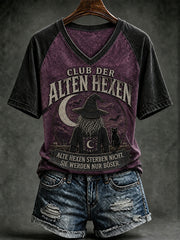 Frauen-T-Shirt mit witzigem Halloween-Print und V-Ausschnitt