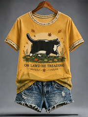 Damen-T-Shirt mit niedlichem Katzen-Print und kurzen Ärmeln