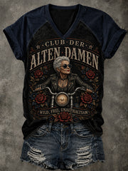 Damen-Vintage-Raglan-T-Shirt mit Slogan-Print, V-Ausschnitt und kurzen Ärmeln