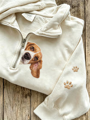 Damen-Sweatshirt mit niedlichem Hunde-Muster, lässig, halber Reißverschluss