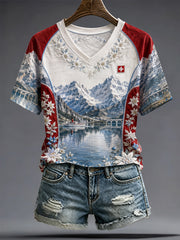 Damen-T-Shirt mit Edelweiß-Kunstdruck aus der Schweiz