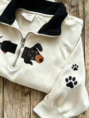 Damen-Sweatshirt mit niedlichem Hunde-Muster, lässig, halber Reißverschluss