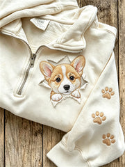 Damen-Sweatshirt mit niedlichem Hunde-Muster, lässig, halber Reißverschluss
