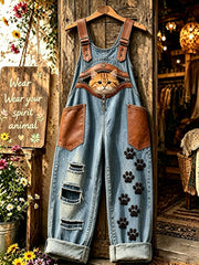 Damenhose mit Tierkatzen-Druck, Reißverschluss und Trägern