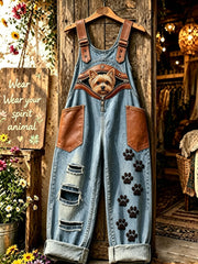 Damenhose mit Tiermotiv und Hundezipper, kunstvoll bedruckt, trägerlos