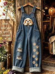 Damenhose mit Tiermotiv und Hundezipper, kunstvoll bedruckt, trägerlos