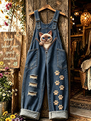 Damenhose mit Tierkatzen-Druck, Reißverschluss und Trägern
