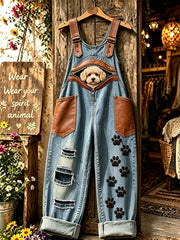 Damenhose mit Tiermotiv und Hundezipper, kunstvoll bedruckt, trägerlos