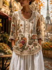 Damen-Herbst-Bluse im Vintage-Stil mit Knöpfen und A-Linie aus Leinen