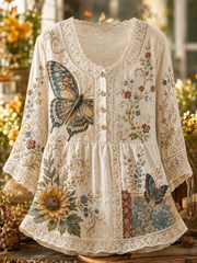 Damen-Herbst-Bluse im Vintage-Stil mit Knöpfen und A-Linie aus Leinen