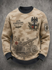 Herren-Waffelstrick-T-Shirt mit langen Ärmeln und Vintage-Print im Militärstil