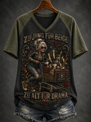 Frauen-Humor-Slogan-V-Ausschnitt-Off‑Shoulder-Kurzarm-T-Shirt