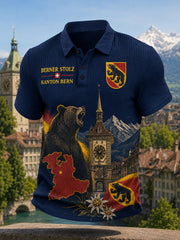 Herren-Poloshirt mit städtischem Grafik-Design, kurzärmelig und aus Waffelstrick