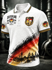 Herren-Poloshirt in Weiß mit deutscher Flagge und Nationalfeiertagsmotiv, lässig geschnitten