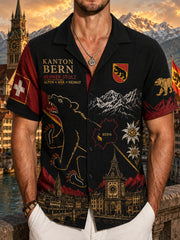 Herren-Shirt aus Waffelstrick mit kurzen Ärmeln und Aufdruck im Urban-Souvenir-Stil