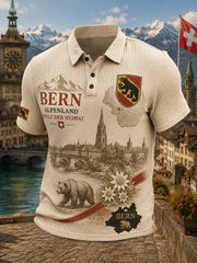 Herren-Poloshirt mit städtischem Grafik-Design, kurzärmelig und aus Waffelstrick