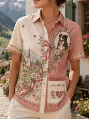 Damen-Hemd im österreichischen Landhausstil, Kunstdruck, lässig, Kurzarm