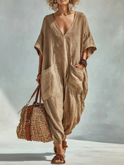 Damen-Urlaubs-Jumpsuit aus Leinen mit aufgesetzten Taschen, V-Ausschnitt und Oversize-Schnitt