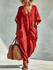 Damen-Urlaubs-Jumpsuit aus Leinen mit aufgesetzten Taschen, V-Ausschnitt und Oversize-Schnitt