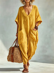 Damen-Urlaubs-Jumpsuit aus Leinen mit aufgesetzten Taschen, V-Ausschnitt und Oversize-Schnitt