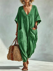 Damen-Urlaubs-Jumpsuit aus Leinen mit aufgesetzten Taschen, V-Ausschnitt und Oversize-Schnitt