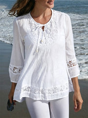 Damen-Boho-Lace-Patchwork-Tunika aus fließendem Leinen mit Bindebändern