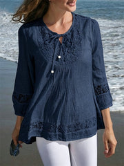 Damen-Boho-Lace-Patchwork-Tunika aus fließendem Leinen mit Bindebändern