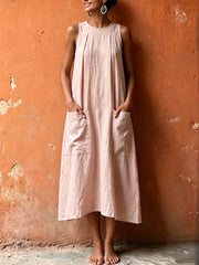 Maxikleid aus Leinen mit aufgesetzten Taschen und taillenbetonter Silhouette