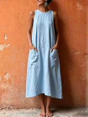 Maxikleid aus Leinen mit aufgesetzten Taschen und taillenbetonter Silhouette