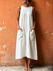 Maxikleid aus Leinen mit aufgesetzten Taschen und taillenbetonter Silhouette
